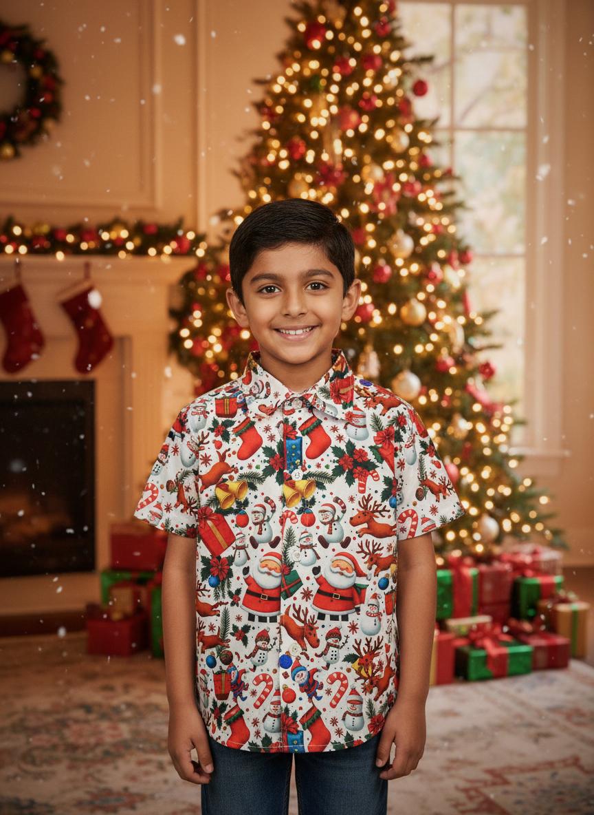 Santa Claus and Snow Man Christmas  Shirt - Boys (KBD-009)