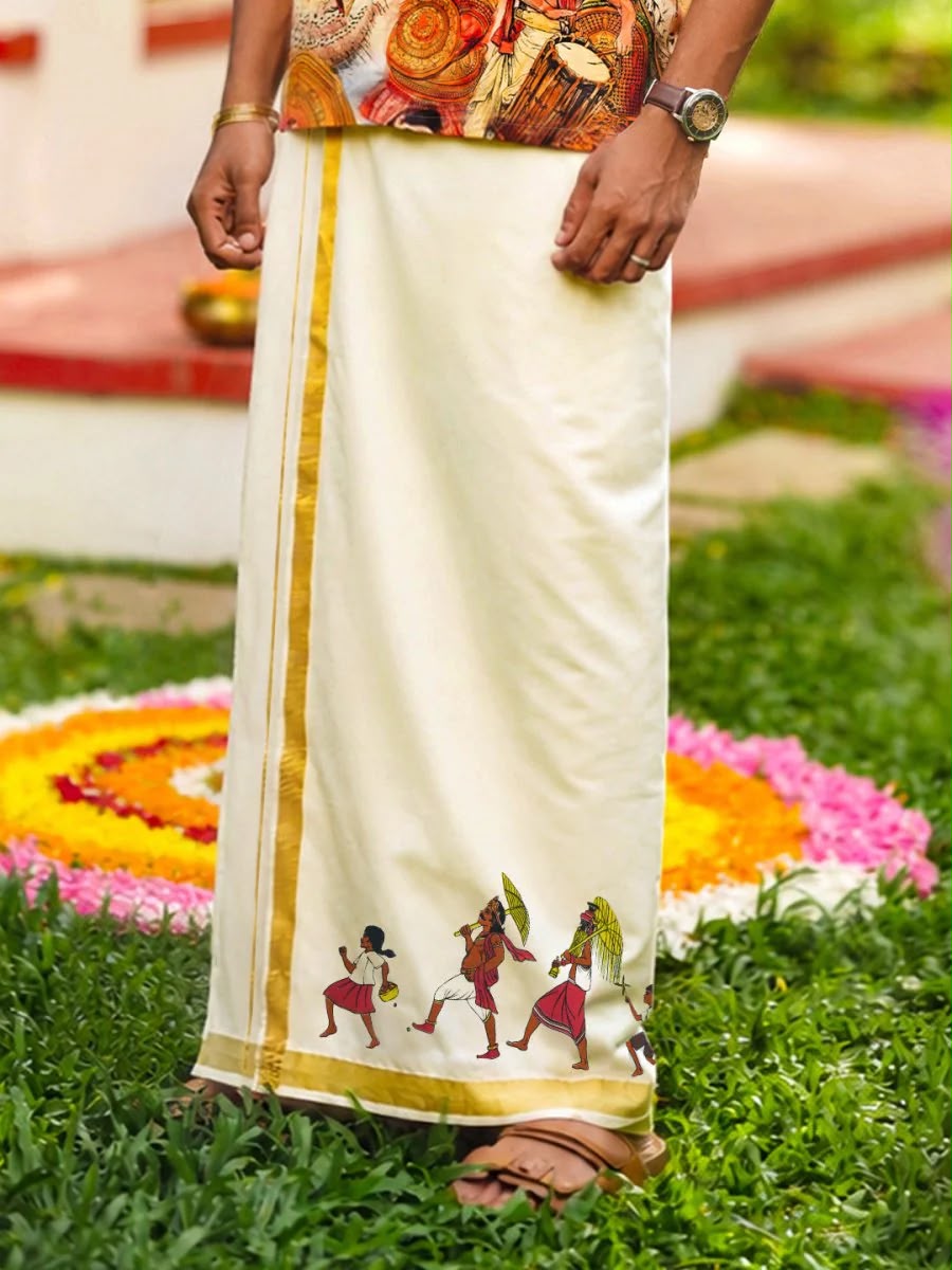 Golden Kasavu Printed Mundu