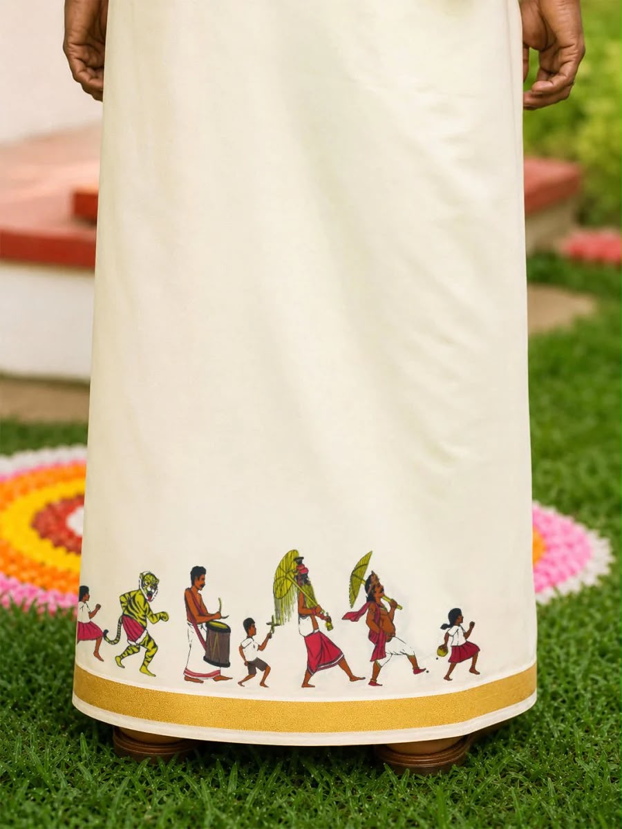 Golden Kasavu Printed Mundu